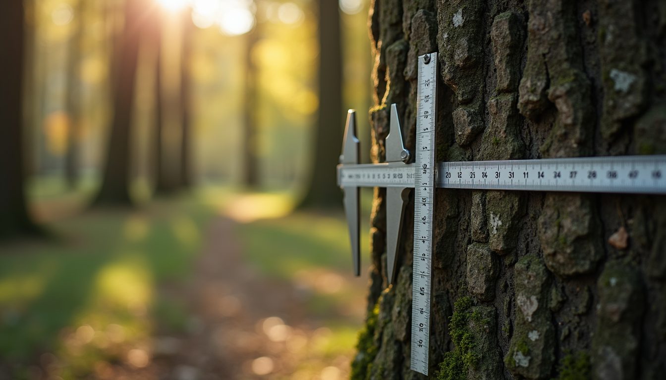 Close-up view of a tree trunk with measurement tools in use