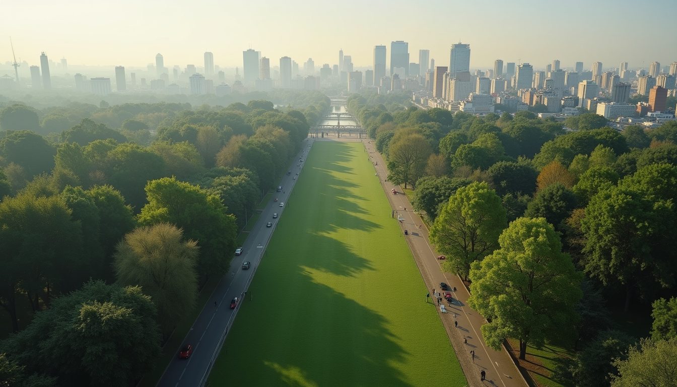 High angle view of a city park with many trees and green spaces