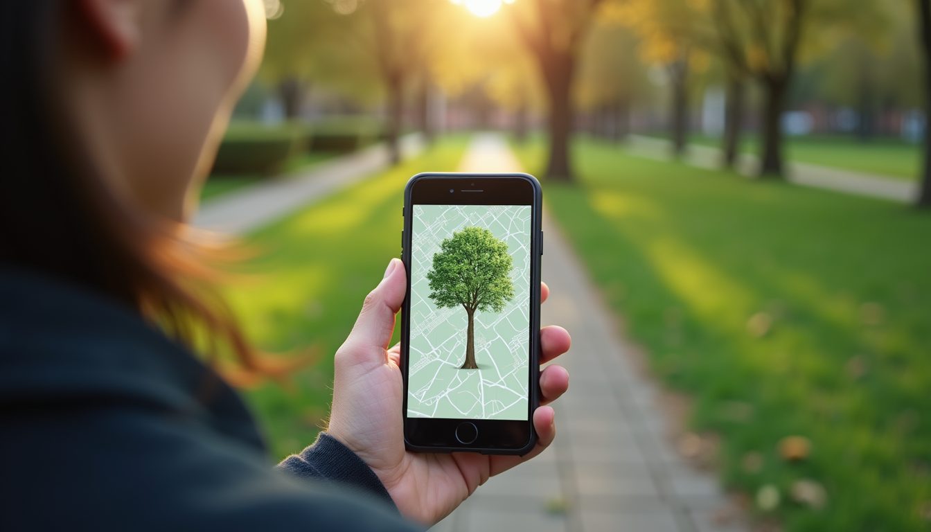 Eye-level view of a mobile device displaying a tree mapping interface in a park